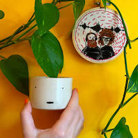 photo of a coffee cup held in front of a yellow wall with a pothos vine in front